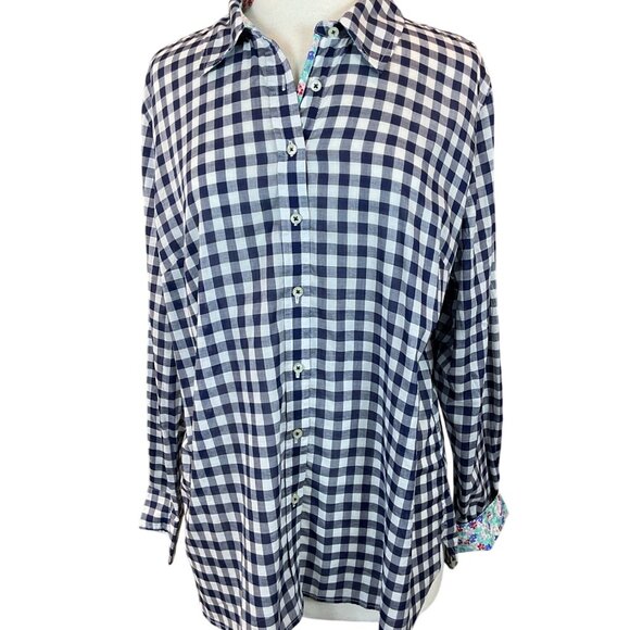 Talbots Long Sleeve Fitted Nvy Gingham Button Front Floral Contrast Shirt NWT XL - Picture 1 of 8